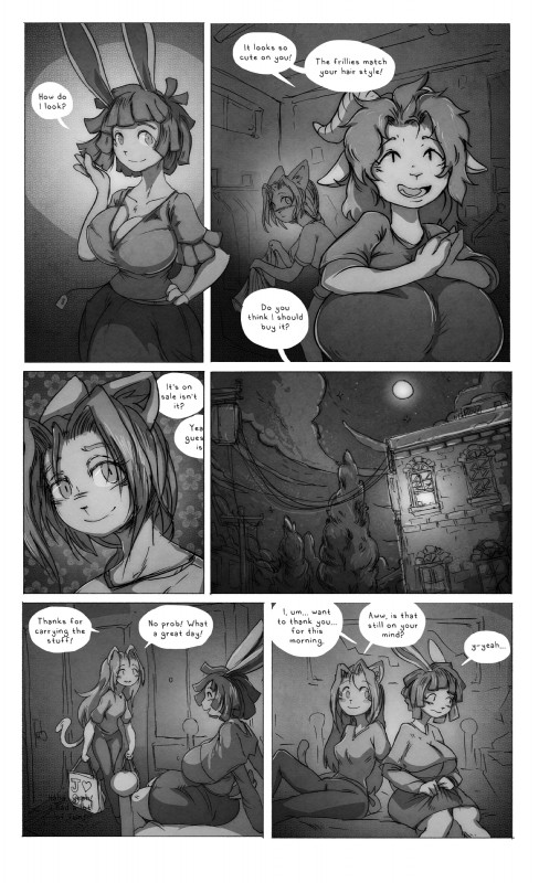 anthro big_breasts big_bulge breasts bulge clothed clothing dialogue female group horn huge_breasts huge_bulge hyper hyper_bulge night sitting smile standing text pwcsponson carmen_(pwcsponson) eliza_(pwcsponson) bovid caprine felid goat lagomorph leporid mammal rabbit absurd_res comic english_text greyscale hi_res monochrome