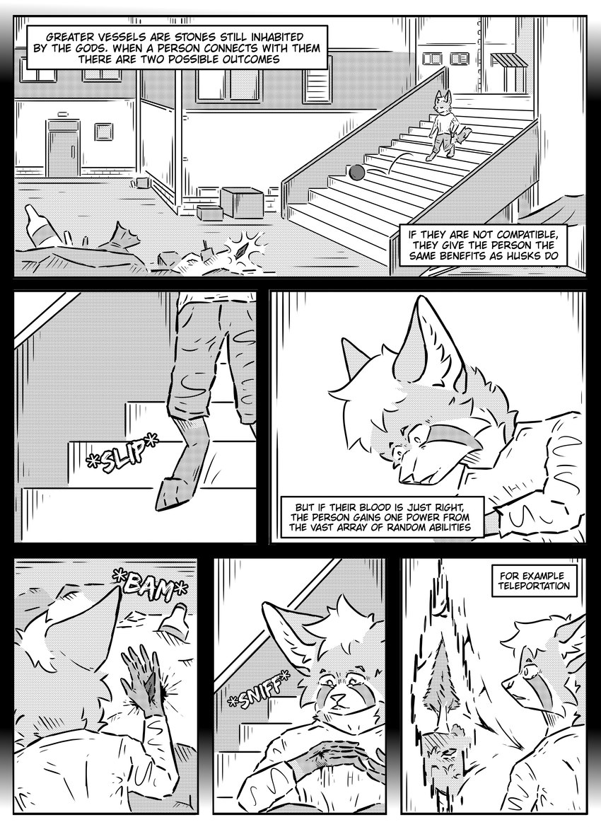 ambiguous_gender anthro blood bodily_fluids building city clothed clothing falling inner_ear_fluff outside simple_background solo speech_bubble stairs text tuft kifyun2 raphael_yppreah hybrid absurd_res black_and_white comic english_text hi_res monochrome