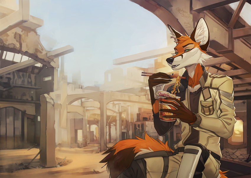 anthro black_nose clothed clothing day detailed_background eyebrows eyelashes fur green_eyes male orange_body orange_fur outside sky solo orphen-sirius canid canine fox mammal 2021 digital_media_(artwork) hi_res