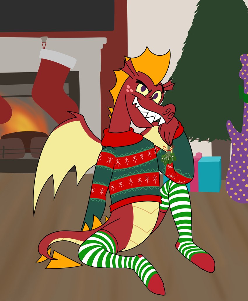 anthro christmas_clothing clothing fangs featureless_crotch fireplace footwear freckles gift holidays legwear looking_at_viewer male mistletoe pattern_clothing pattern_footwear pattern_legwear pattern_socks plant purple_eyes red_body sitting socks solo striped_clothing striped_footwear striped_socks stripes sweater teeth topwear tree wings yellow_sclera aaron_amethyst christmas friendship_is_magic hasbro my_little_pony garble_(mlp) absurd_res hi_res