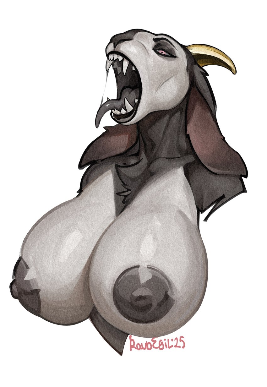 2_horns anthro areola big_breasts biped black_areola black_body black_ears black_eyeshadow black_fur black_lips black_nipples bodily_fluids breasts chest_tuft eyeshadow fangs female floppy_ears fur glistening glistening_breasts horn huge_breasts lips long_tongue looking_down looking_down_at_self lop_ears makeup monotone_background nipples puffy_nipples raised_head red_eyes saliva saliva_string simple_background solo teeth text three-quarter_view tongue tuft white_background white_body white_breasts white_fur yellow_horn raudegil bovid caprine goat mammal 2025 artist_name bust_portrait hi_res portrait