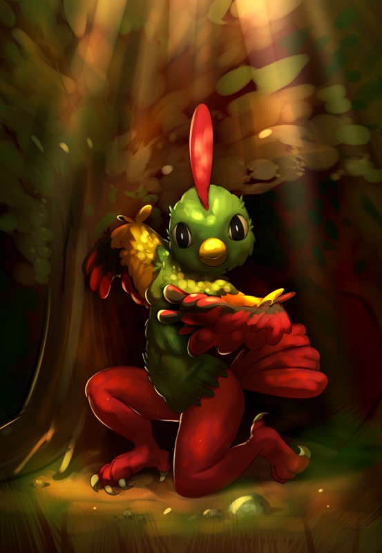 anthro anthrofied biped black_eyes breasts feathers feet female grass green_body green_feathers kneeling looking_at_viewer non-mammal_breasts nude plant pokemorph red_body red_feathers solo talons toes tree wood yellow_body yellow_feathers elpatrixf nintendo pokemon avian generation_2_pokemon natu pokemon_(species) 2018 digital_media_(artwork) hi_res
