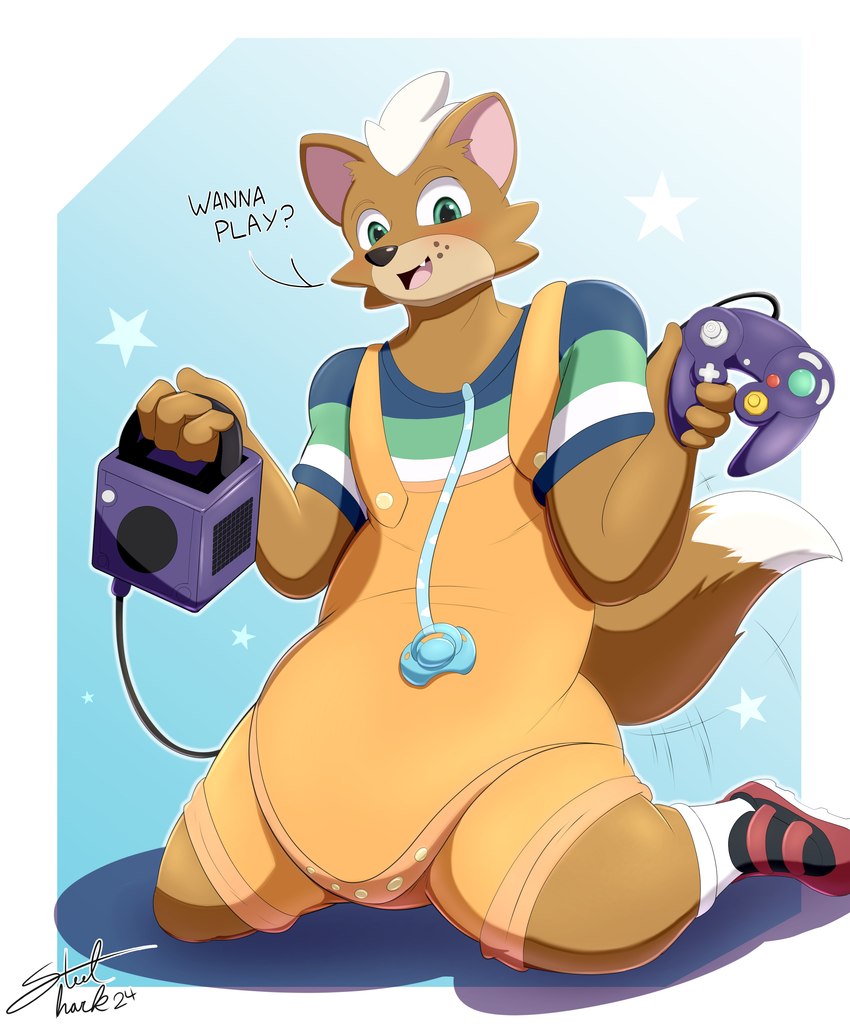 anthro blush clean_diaper clothed clothing console controller diaper diaper_under_clothing front_view male open_mouth overalls pacifier pacifier_clip shirt shortalls smile solo t-shirt text topwear velcro_footwear wearing_diaper extremius_amphibious gamecube nintendo canid canine fox mammal absurd_res hi_res