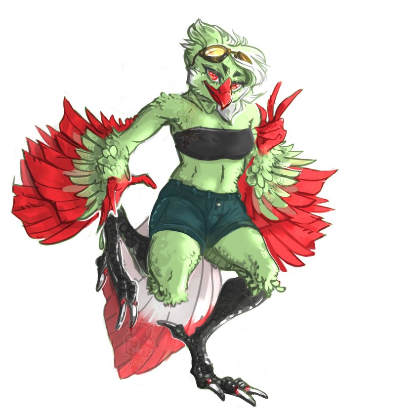 anthro bandeau black_bandeau black_clothing black_topwear bottomwear clothing eyewear eyewear_on_head feathers female front_view gesture goggles goggles_on_head green_body green_feathers hand_gesture hotpants looking_at_viewer on_one_leg red_body red_eyes red_feathers red_hands red_tail_feathers shorts simple_background solo standing topwear v_sign white_background white_tail_feathers avian bird 1:1 absurd_res digital_drawing_(artwork) digital_media_(artwork) hi_res