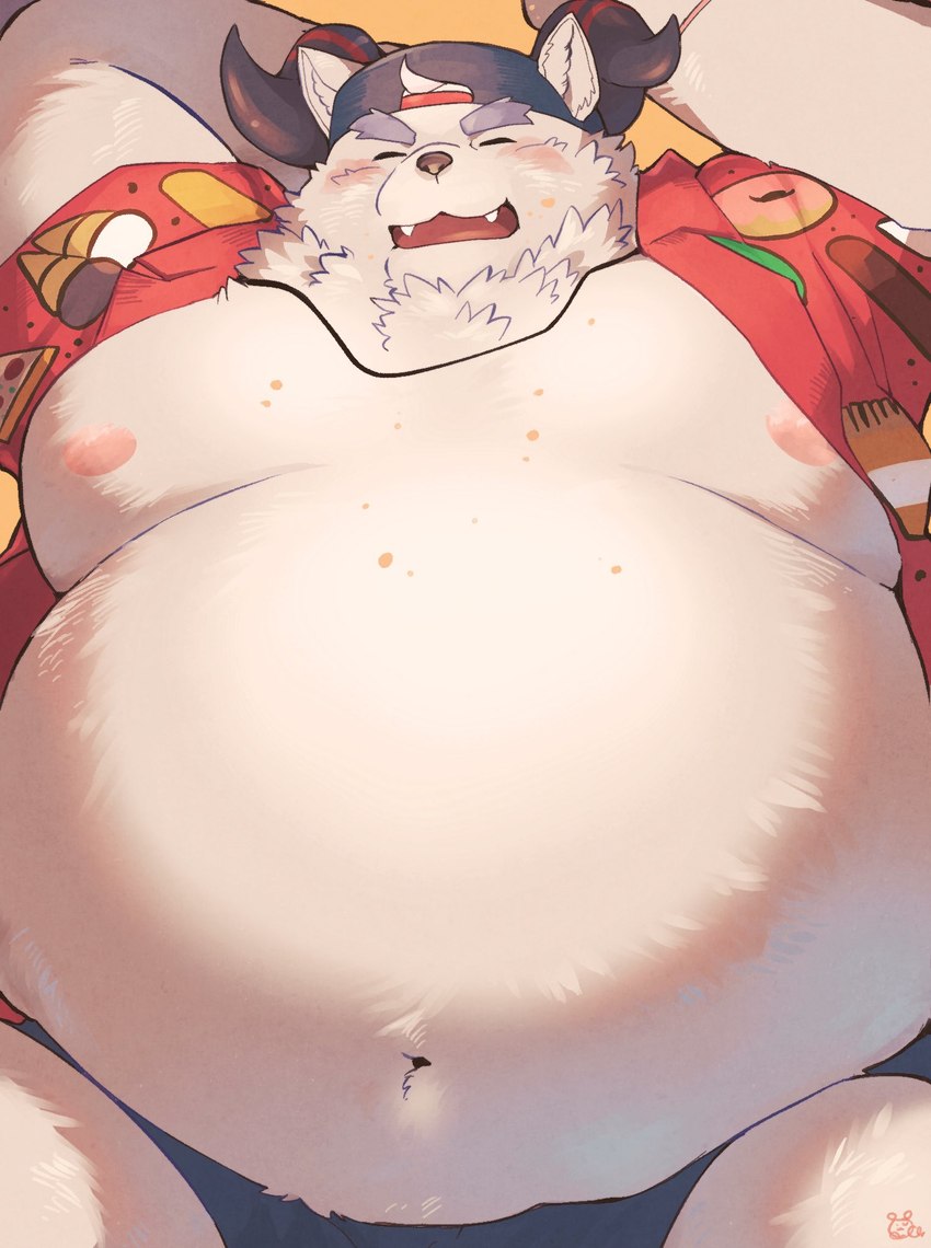 aloha_shirt anthro belly blush clothing crumbs eyebrows fur lying male moobs navel nipples obese obese_male on_back overweight overweight_male pattern_clothing pattern_shirt pattern_topwear shirt solo speedo swimwear thick_eyebrows topwear white_body white_fur sawch_cls lifewonders tokyo_afterschool_summoners behemoth_(tas) monster hi_res