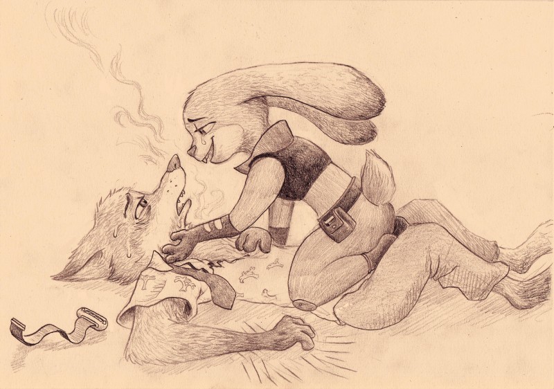 anthro bodily_fluids clothed clothing collar duo female fur male necktie on_lap police police_uniform shirt shock_collar smoke tears text topwear uniform bomberhead67 disney zistopia zootopia judy_hopps nick_wilde canid canine fox lagomorph leporid mammal rabbit red_fox true_fox 2016 absurd_res english_text hi_res traditional_media_(artwork)