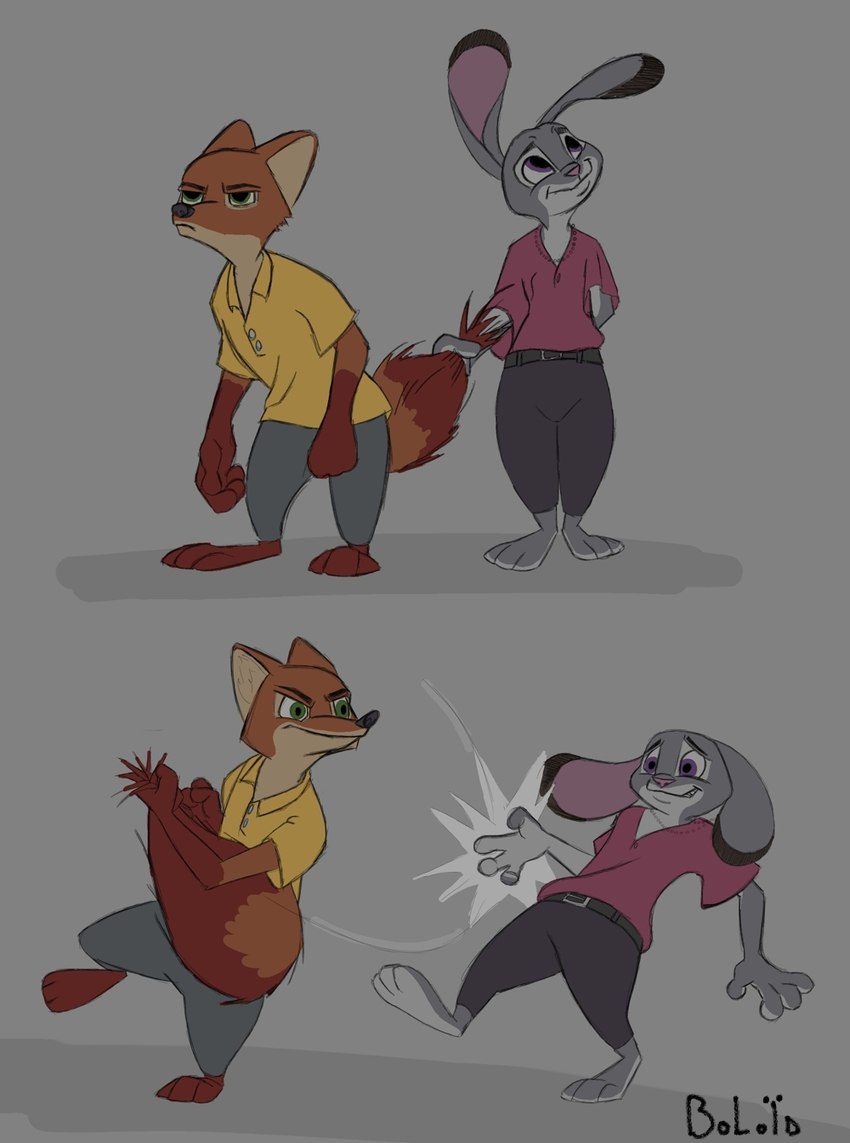 anthro countershading duo female fur gloves_(marking) holding_tail male male/female markings multicolored_body multicolored_fur tail two_tone_body two_tone_fur boloid disney zootopia judy_hopps nick_wilde canid canine european_rabbit fox lagomorph leporid mammal oryctolagus rabbit red_fox true_fox hi_res