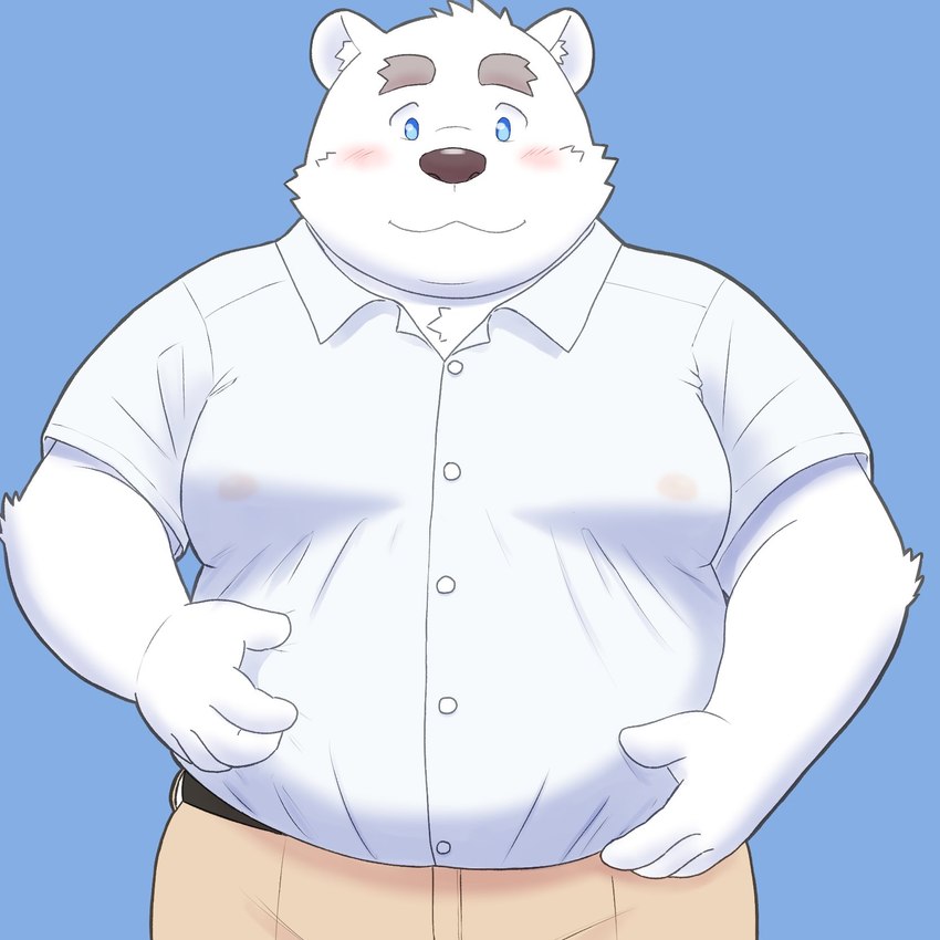 anthro blue_background blue_eyes blush bottomwear clothing fur humanoid_hands kemono male moobs nipples overweight overweight_anthro overweight_male pants shirt simple_background solo topwear white_body white_fur yaki_atsuage utau shirane_kan bear mammal polar_bear ursine 1:1 2021 hi_res