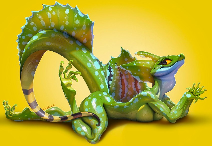 anthro breasts claws female green_body looking_at_viewer lying nude on_front simple_background smile solo spots tail yellow_eyes yellow_tail fivel helmeted_lizard lizard reptile scalie 2022