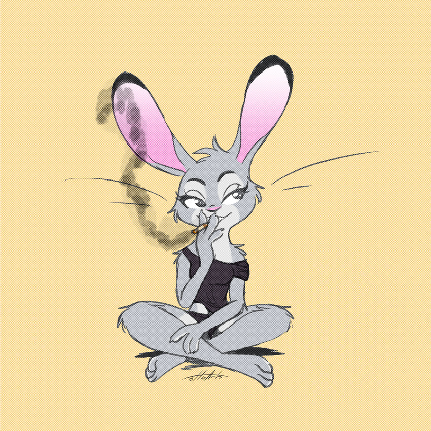 3_toes anthro barefoot cheek_tuft cigarette clothed clothing facial_tuft feet female fur grey_body grey_fur head_tuft knee_tuft leg_tuft simple_background smile smoke smoking solo toes tuft yellow_background scottyartz disney zootopia judy_hopps lagomorph leporid mammal rabbit 1:1 2020 hi_res signature