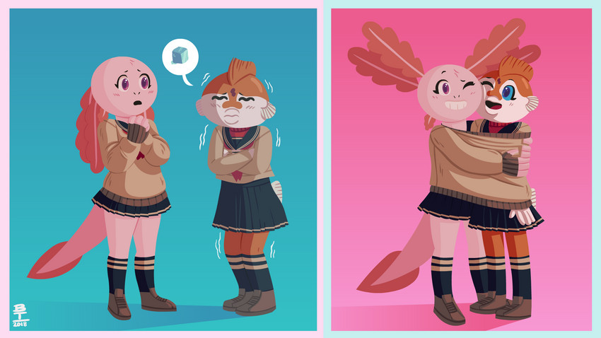 anthro blue_eyes blue_sclera clothing cold duo female footwear hug legwear pink_eyes shaking sharing_clothing shivering socks wazzaldorp real_axolotl_hours axey_(wazzaldorp) koi-chan amphibian amur_carp axolotl carp cyprinid cypriniform fish koi marine mole_salamander salamander typical_carp 16:9 2018 hi_res widescreen