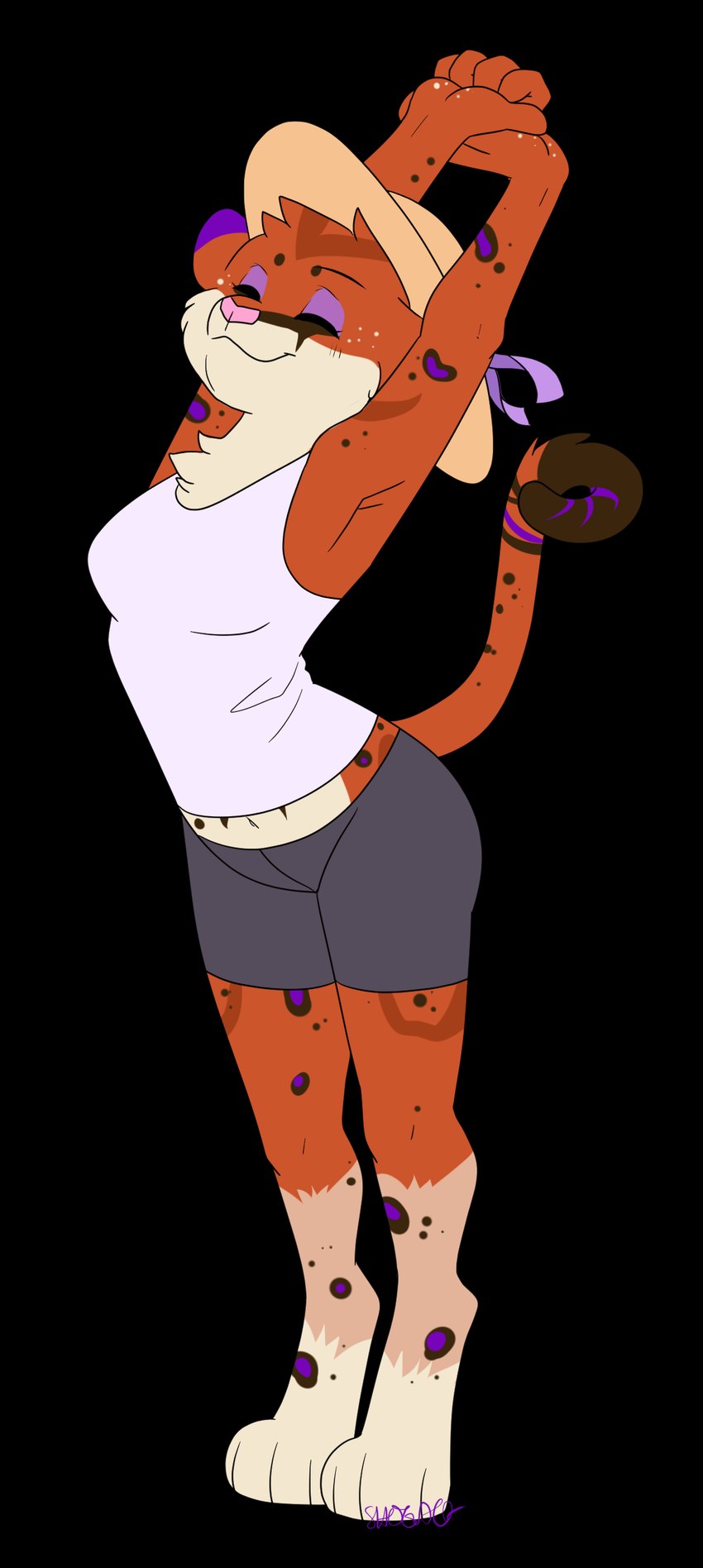 anthro bottomwear clothing enjoyment female happy hat headgear headwear ribbons shirt shorts smile solo stretching tail tank_top topwear shoelace_(artist) sero_(feroxdoon) cougar felid feline hybrid jaguar mammal pantherine absurd_res alpha_channel hi_res