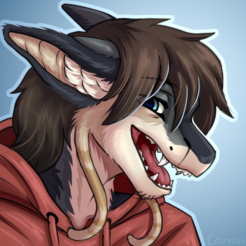 anthro blue_eyes brown_hair fur grey_body grey_fur hair looking_at_viewer male red_tongue solo tongue white_body white_fur cornus mythology trevis_(sssmazkaa) dragon furred_dragon furred_scalie mythological_creature mythological_scalie scalie bust_portrait portrait