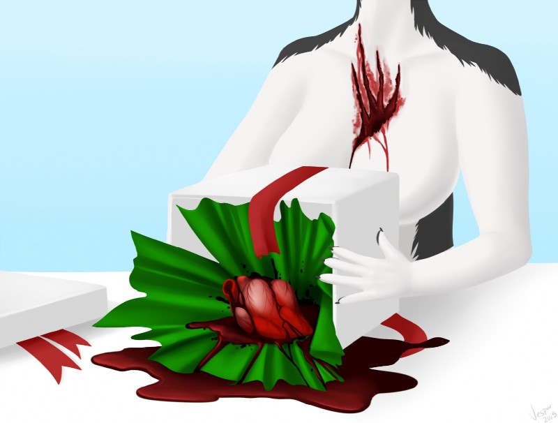 anthro blood bodily_fluids christmas_present depression female gift gore heart_(organ) nude organs solo torso_shot wounded vespur vespur_inglewood border_collie canid canine canis collie domestic_dog herding_dog mammal pastoral_dog sheepdog digital_media_(artwork)