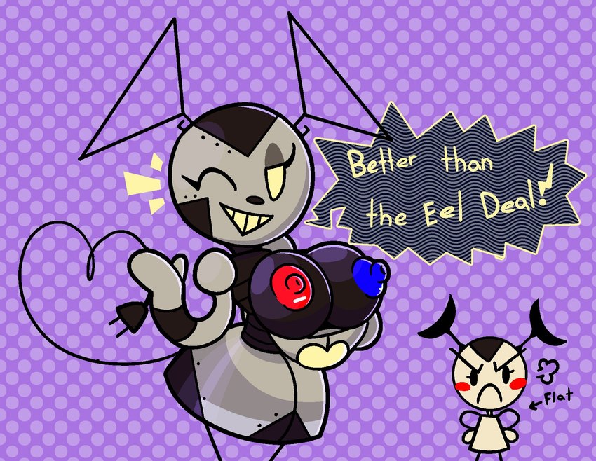 2_antennae angry antennae_(anatomy) anthro arm_markings bar_emanata bedroom_eyes big_breasts black_antennae black_breasts black_eyes black_markings black_nose black_stripes black_text blue_nipples blush blush_stickers bolt_(fastener) breast_size_difference breasts cable_tail clothes_hanger clothing cloud_emanata directional_arrow dotted_background dress duo emanata female flat_chested frown glistening glistening_nipples grey_arms grey_body grey_clothing grey_dress grey_eyelids hands_on_hips hands_on_own_hips head_markings looking_at_viewer machine markings mismatched_nipples narrowed_eyes nipples one_eye_closed pattern_background presenting presenting_breasts pseudo_clothing pseudo_dress purple_background red_blush red_nipples seductive simple_background smile standing striped_arms striped_markings stripes tan_body tan_eyes tan_teeth tan_text teeth text unusual_antennae zaldenvire ultraman_(series) ele_chan eleking robo_ele alien kaiju robot robot_anthro 2024 digital_drawing_(artwork) digital_media_(artwork) english_text hi_res