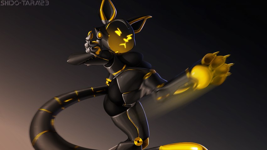 anthro black_body claws female glowing golden_body looking_at_viewer machine punch raised_leg simple_background solo standing tail conditional_dnp shido-tara sigm4 android felid feline mammal robot hi_res