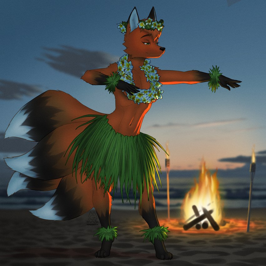 4_toes 5_fingers anthro barefoot beach black_nose breasts campfire claws clothed clothing feet female finger_claws fingers fire firelight fur grass_skirt hindpaw hula_dancer humanoid_hands lei multi_tail navel paws red_body red_fur sand sea smile solo tail toe_claws toes topless topless_anthro topless_female water mykegreywolf canid canine fox mammal 1:1 2024 absurd_res hi_res