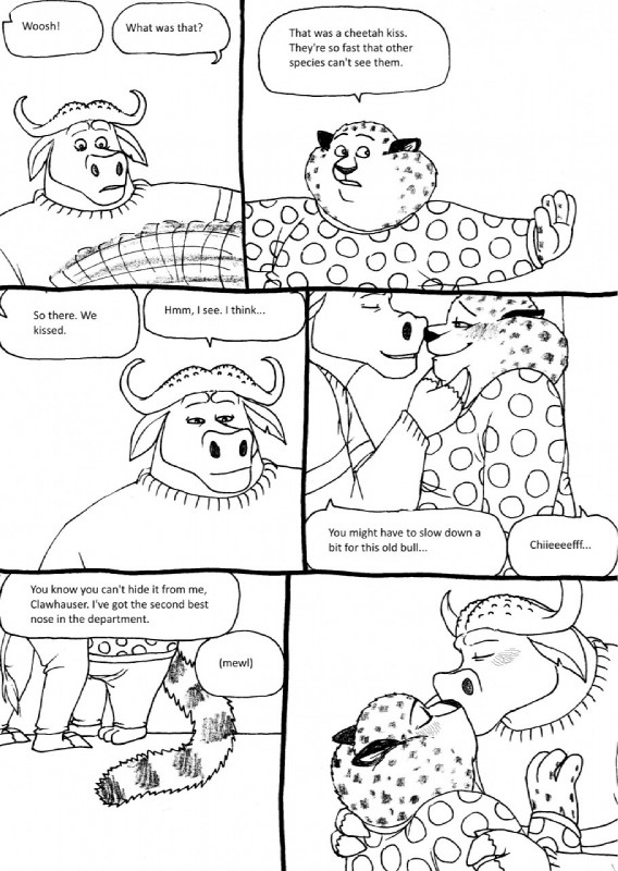 anthro anthro_on_anthro blush clothing dialogue duo fur horn kissing male male/male notched_ear simple_background size_difference smile speech_bubble spots text white_background bernielover disney zootopia benjamin_clawhauser chief_bogo bovid bovine cape_buffalo cheetah felid feline mammal black_and_white comic english_text hi_res monochrome