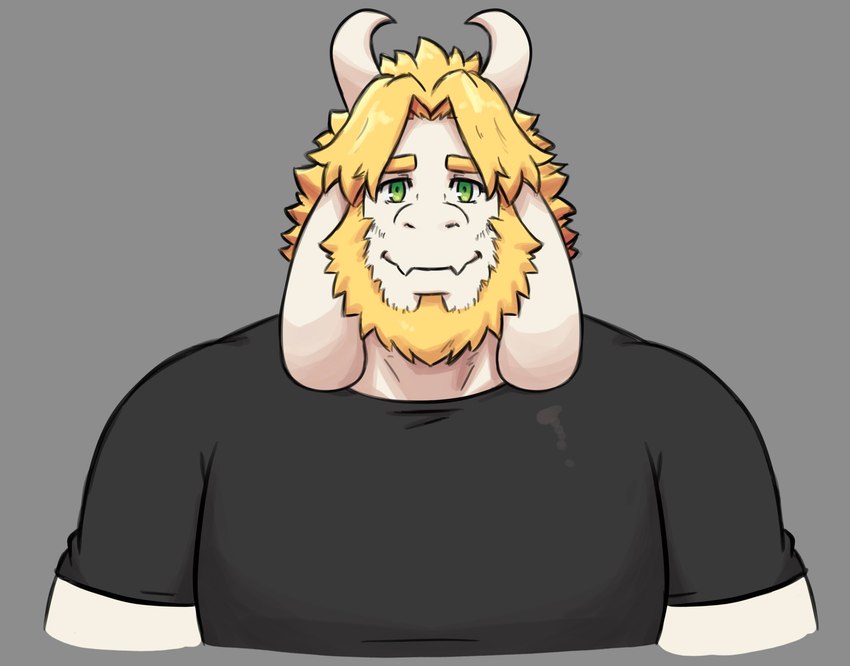 anthro beard black_beard black_facial_hair blonde_beard blonde_facial_hair blonde_hair clothing facial_hair fur green_eyes hair horn long_ears male muscular muscular_male simple_background smile solo topwear white_body white_fur dynogreeno undertale_(series) asgore_dreemurr bovid caprine goat mammal hi_res