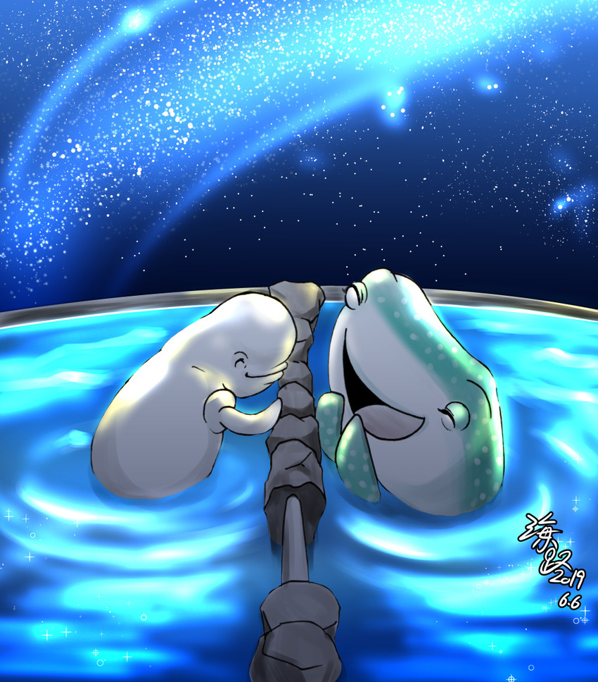 blue_body duo eyes_closed female feral happy male night rock spots star text water_tank white_body white_spots uminokouji disney finding_dory finding_nemo pixar bailey_(finding_dory) destiny_(finding_dory) beluga carpet_shark cetacean fish mammal marine monodontid shark toothed_whale whale_shark 2019 translated watermark