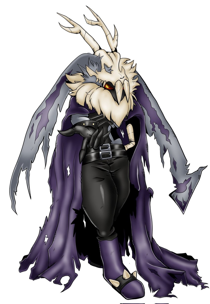 anthro bone clothing fur grey_body grey_fur horn long_ears male red_eyes skull solo spikes torn_clothing capnii bandai_namco digimon digimon_ghost_game fakemon digimon_(species) lagomorph leporid mammal rabbit symbareangoramon hi_res