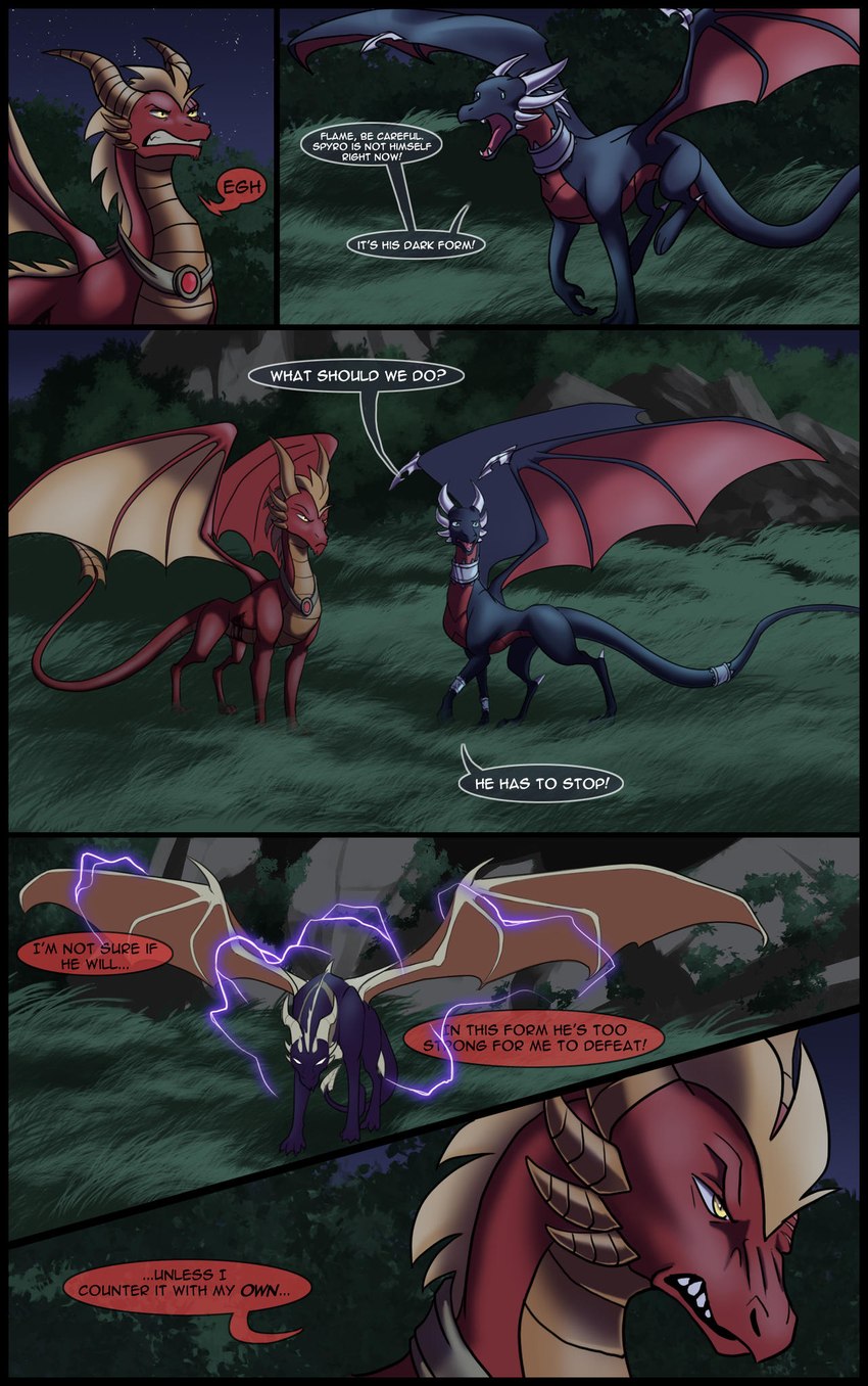 black_border border dialogue female feral group horn male speech_bubble tail text trio wings xannador activision mythology spyro_the_dragon the_legend_of_spyro cynder dark_spyro flame_(spyro) spyro dragon mythological_creature mythological_scalie scalie comic digital_media_(artwork) english_text hi_res