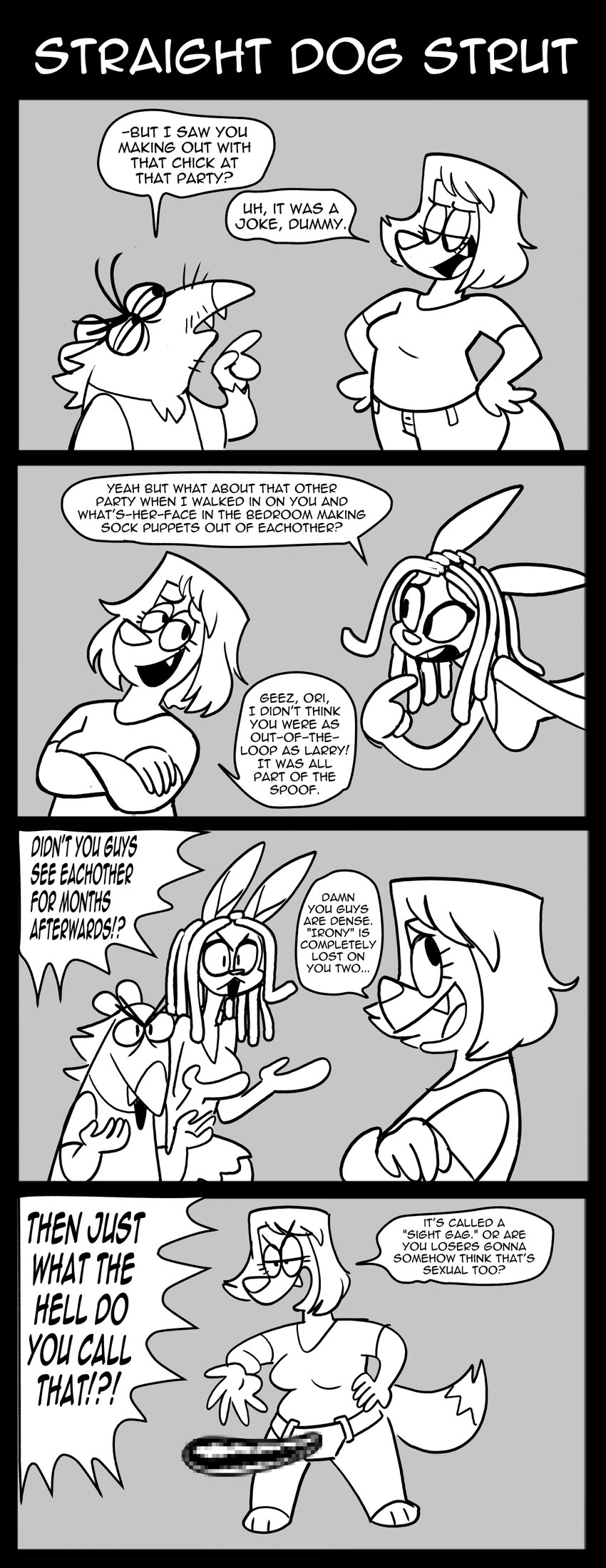 4_panel_comic crossed_arms dialogue female group humor ineffective_censorship male speech_bubble stated_heterosexuality stated_sexuality strapon text trio galactabee larry_(galactabee) nikki_(galactabee) orianna_(galactabee) american_opossum canid canine canis domestic_dog lagomorph leporid mammal marsupial rabbit 4koma absurd_res censored comic english_text hi_res monochrome mosaic_censorship