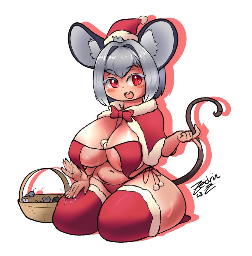 areola basket belly big_breasts blush blush_lines breasts buckteeth christmas_clothing christmas_headwear cleavage clothed clothing container costume female grey_hair hair hat headgear headwear holidays huge_breasts huge_thighs kneeling looking_aside open_mouth red_eyes santa_costume santa_hat short_hair short_stack simple_background slightly_chubby slightly_chubby_female slightly_chubby_humanoid smile solo tail teeth text thick_thighs thigh_slap under_boob zedrin asian_mythology christmas east_asian_mythology japanese_mythology mythology touhou nazrin animal_humanoid humanoid mammal mammal_humanoid murid murid_humanoid murine murine_humanoid rat_humanoid rodent rodent_humanoid yokai 2023 hi_res signature