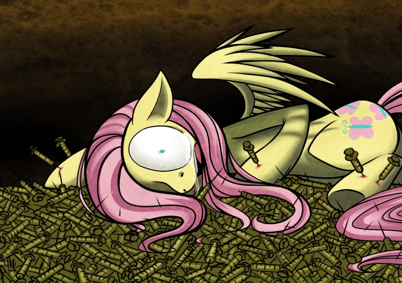 blood blue_eyes bodily_fluids crying cutie_mark feathered_wings feathers female feral hair needle_pit pain parody pink_hair pit solo syringe tail tears trap_(contrivance) wings wounded yellow_body yellow_feathers sketched-up friendship_is_magic hasbro my_little_pony mythology saw_(movie) fluttershy_(mlp) equid equine mammal mythological_creature mythological_equine pegasus 2012 hi_res lol_comments