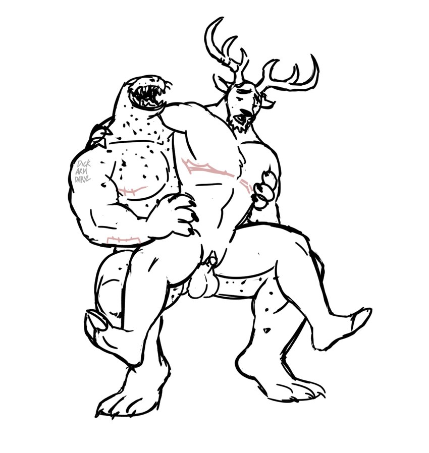 anal anal_penetration andromorph andromorph/male andromorph_penetrated anthro anthro_on_anthro anthro_penetrated anthro_penetrating anthro_penetrating_anthro antlers balls big_clitoris carrying_another carrying_partner clitoris duo genitals horn inframammary_scar intersex intersex/male intersex_penetrated male male_penetrating male_penetrating_andromorph male_penetrating_intersex mastectomy_scar muscular open_mouth penetration penile penile_penetration penis phalloplasty phalloplasty_scar pussy scar sex simple_background vaginal vaginal_penetration visibly_trans white_background conditional_dnp dickarmdaryl ray_maximus_(dickarmdaryl) tyrus_titan_(dickarmdaryl) deer leopard_seal mammal marine pinniped seal absurd_res black_and_white hi_res monochrome trans_(lore) trans_man_(lore)