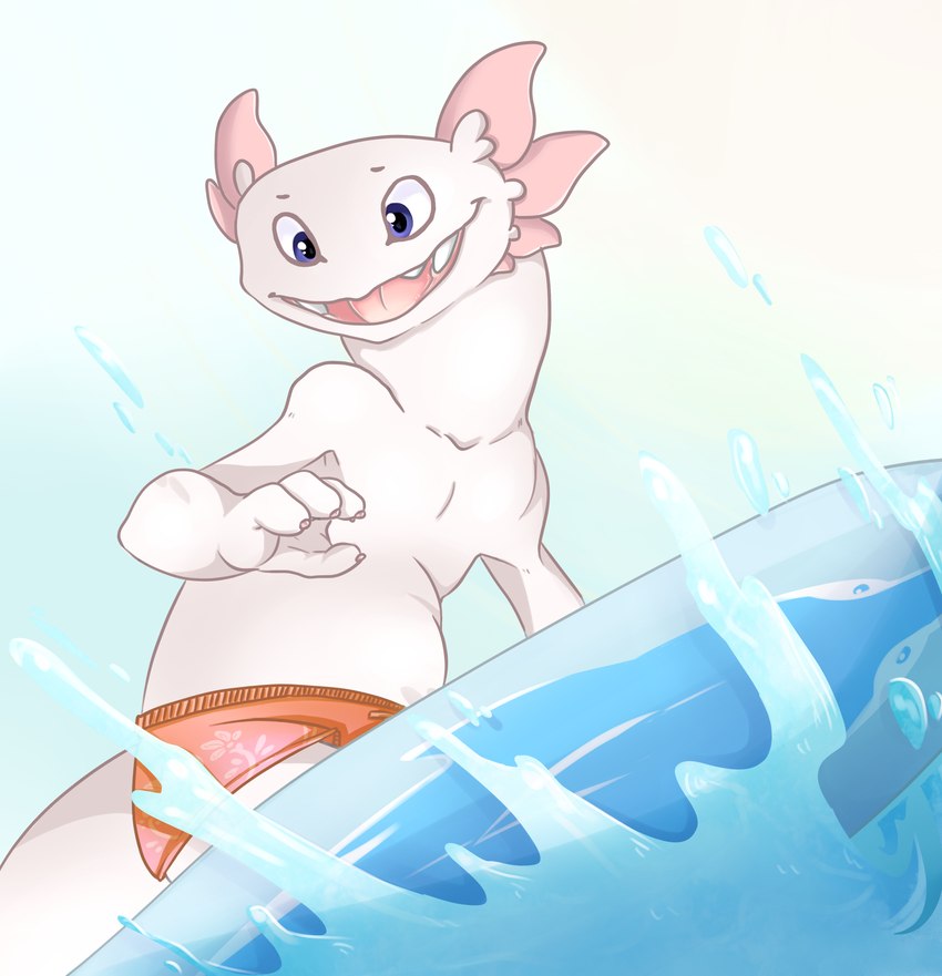 anthro board bottomwear clothing male sea shorts solo surf swimming swimming_trunks swimwear water young kitsune2000 amphibian axolotl marine mole_salamander salamander max_(disambiguation) absurd_res hi_res