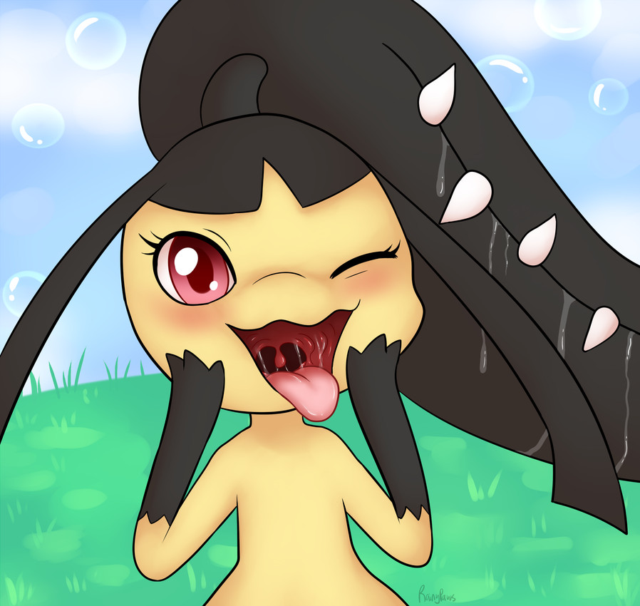 ambiguous_gender anthro black_body blush bodily_fluids bubble cloud day drooling gloves_(marking) grass hand_on_own_cheek looking_at_viewer markings mouth_shot one_eye_closed open_mouth open_smile outside pink_eyes plant saliva saliva_string sky smile solo teeth text tongue tongue_out uvula wink winking_at_viewer yellow_body rainypaws nintendo pokemon generation_3_pokemon mawile pokemon_(species) artist_name hi_res