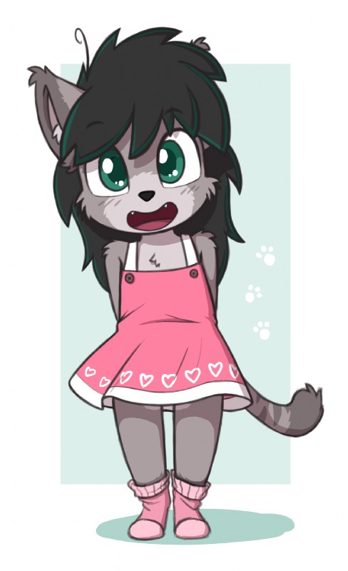 anthro black_hair blush clothed clothing cute_fangs fangs female footprint footwear fur green_eyes grey_body grey_fur hair heart_symbol inner_ear_fluff legwear looking_at_viewer open_mouth pawprint simple_background smile socks solo standing teeth tongue tuft young young_anthro aggie_(artist) jessie_(aggie) domestic_cat felid feline felis mammal 2019 digital_media_(artwork) hi_res