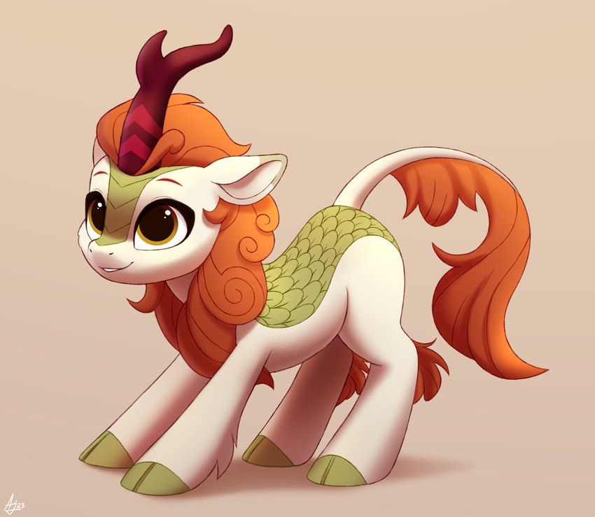 cloven_hooves eyebrows female feral green_body green_scales hooves horn leg_tuft red_horn scales smile solo tan_body tuft yellow_eyes luminousdazzle asian_mythology chinese_mythology east_asian_mythology friendship_is_magic hasbro my_little_pony mythology autumn_blaze_(mlp) dragon kirin mythological_creature mythological_scalie scalie 2023 digital_media_(artwork) hi_res