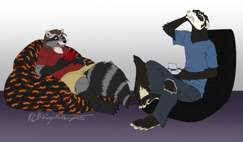 anthro bean_bag clothed clothing duo fur gaming hair male slightly_chubby smile tongue tongue_out regentshaw domestic_ferret mammal mustelid musteline procyonid raccoon true_musteline weasel hi_res