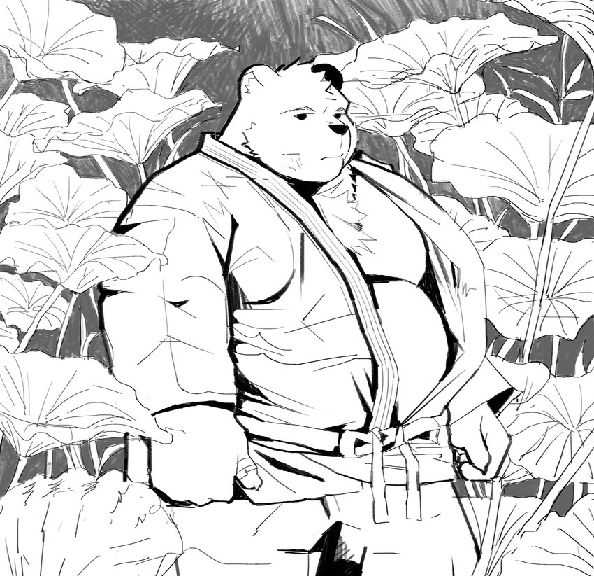 anthro belly big_belly flower humanoid_hands keikogi kemono male martial_arts_uniform moobs overweight overweight_male plant solo sportswear bonbonbear tuokemao bear mammal 2022 hi_res monochrome