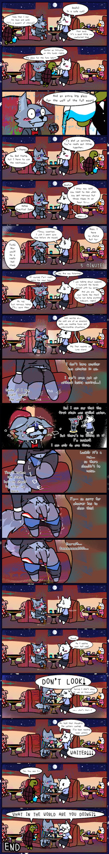 anthro blush bodily_fluids clothing embarrassed female genital_fluids genitals humiliation male male/female omorashi peeing penis public restaurant tail tail_motion tailwag tears text urine urine_stream watersports wetting peemenant incontinent_wolf_(peemenant) canid canine canis fox mammal wolf 2025 absurd_res censored colored comic digital_drawing_(artwork) digital_media_(artwork) english_text hi_res long_image tall_image