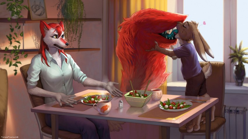 abdominal_bulge anthro blue_eyes bowl chair container cup curtains curtains_open dining_table dinner_plate duo extreme_french_kiss female food french_kissing fur furniture hair heterochromia interspecies kissing lunch male male/female on_chair plant red_body red_fur red_hair salad size_difference standing_on_chair sucking sucking_tongue table tail tail_mouth tongue tongue_out unusual_anatomy unusual_tail window yellow_eyes totesfleisch8 in_front_of_my_salad legend_of_ahya ahya_(legend_of_ahya) jake_thumpings taylor_renee_wolford_(darkflamewolf) canid canine canis lagomorph leporid mammal rabbit wolf hi_res meme