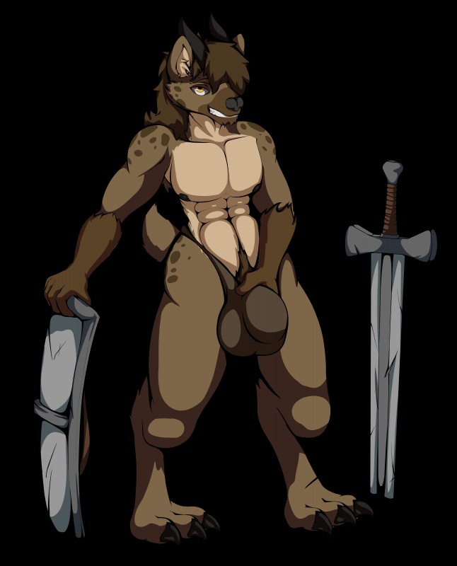 anthro bulge clothing detailed_bulge fur genital_outline hair horn male melee_weapon muscular muscular_anthro muscular_male nude penis_outline pubes shield simple_background smile solo standing sword teeth transparent_background weapon standing_tough dungeons_and_dragons hasbro wizards_of_the_coast ar'kal_(viggs) gnoll hyena mammal spotted_hyena 2018 absurd_res alpha_channel digital_media_(artwork) hi_res