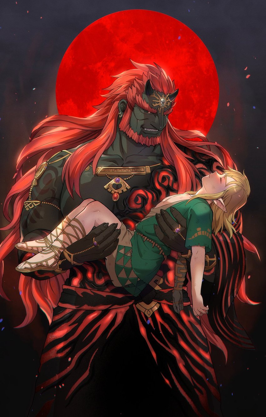 blonde_hair brown_body brown_skin carrying_another duo hair horn humanoid_pointy_ears light_body light_skin male not_furry red_hair unconscious foxvulpine nintendo tears_of_the_kingdom the_legend_of_zelda ganondorf link elf gerudo horned_humanoid humanoid hylian hi_res