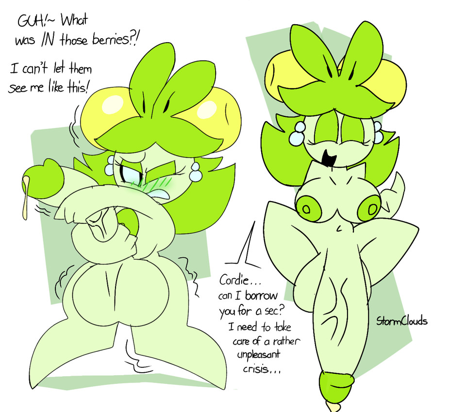 anthro balls big_breasts big_penis black_sclera blush blush_lines bodily_fluids breasts cum cum_drip dialogue dripping ear_piercing ear_ring eyes_closed eyeshadow genital_fluids genitals green_blush green_body green_eyeshadow green_hair green_nipples green_penis gynomorph hair huge_penis intersex makeup navel nipples nude nude_anthro nude_intersex one_eye_closed open_mouth penis piercing ring_piercing simple_background solo text white_background white_eyes unfortu-nate game_freak nintendo pokemon amanda_(unfortu-nate) dolliv generation_9_pokemon pokemon_(species) 2024 digital_media_(artwork) english_text