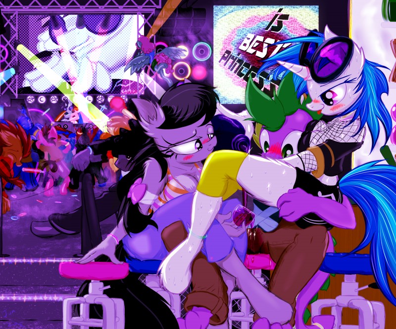 aged_up alcohol beverage blush dominant dominant_female female feral fighting_over_boy group holding_glass holding_object interspecies neon_lights rave seductive spilling stain tail frist44 friendship_is_magic hasbro my_little_pony mythology neon_lights_(mlp) octavia_(mlp) spike_(mlp) vinyl_scratch_(mlp) dragon earth_pony equid equine horse mammal mythological_creature mythological_scalie pony scalie 2015 6:5 hi_res