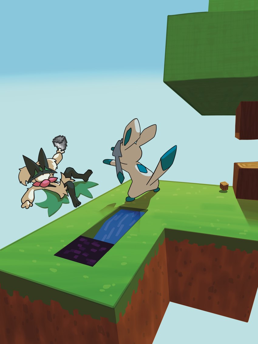 ambiguous_anthro ambiguous_gender anthro biped black_body black_fur blue_body blue_fur blue_inner_ear blue_tail blue_tail_tip bucket cobblestone_generator container day detailed_background dipstick_tail duo floating_island fur gloves_(marking) grass hair holding_bucket holding_container holding_object kemono leg_markings looking_at_another markings mask multicolored_hair multicolored_tail nude obsidian_(material) outside plant pushing sky socks_(marking) tail tail_markings tree two_tone_hair two_tone_tail water white_body white_ears white_fur white_tail hb_(artist) microsoft minecraft mojang nintendo pokemon skyblock xbox_game_studios eeveelution generation_4_pokemon generation_9_pokemon glaceon mammal meowscarada pokemon_(species) 2025 3:4 absurd_res colored digital_media_(artwork) hi_res shaded