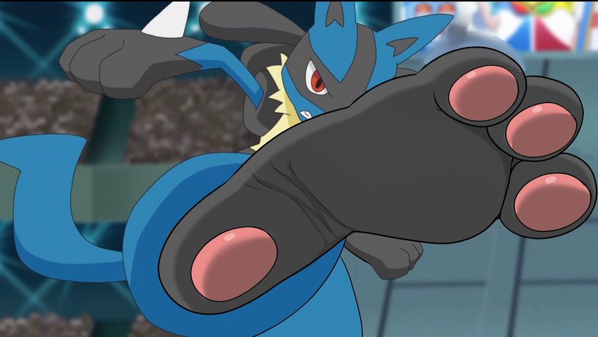 3_fingers 3_toes ambiguous_gender anthro big_feet clenched_teeth feet fingers foot_focus kick looking_at_viewer pawpads paws pink_pawpads plantigrade red_eyes soles solo_focus stadium teeth toes conditional_dnp zp92 nintendo pokemon generation_4_pokemon lucario pokemon_(species) hi_res