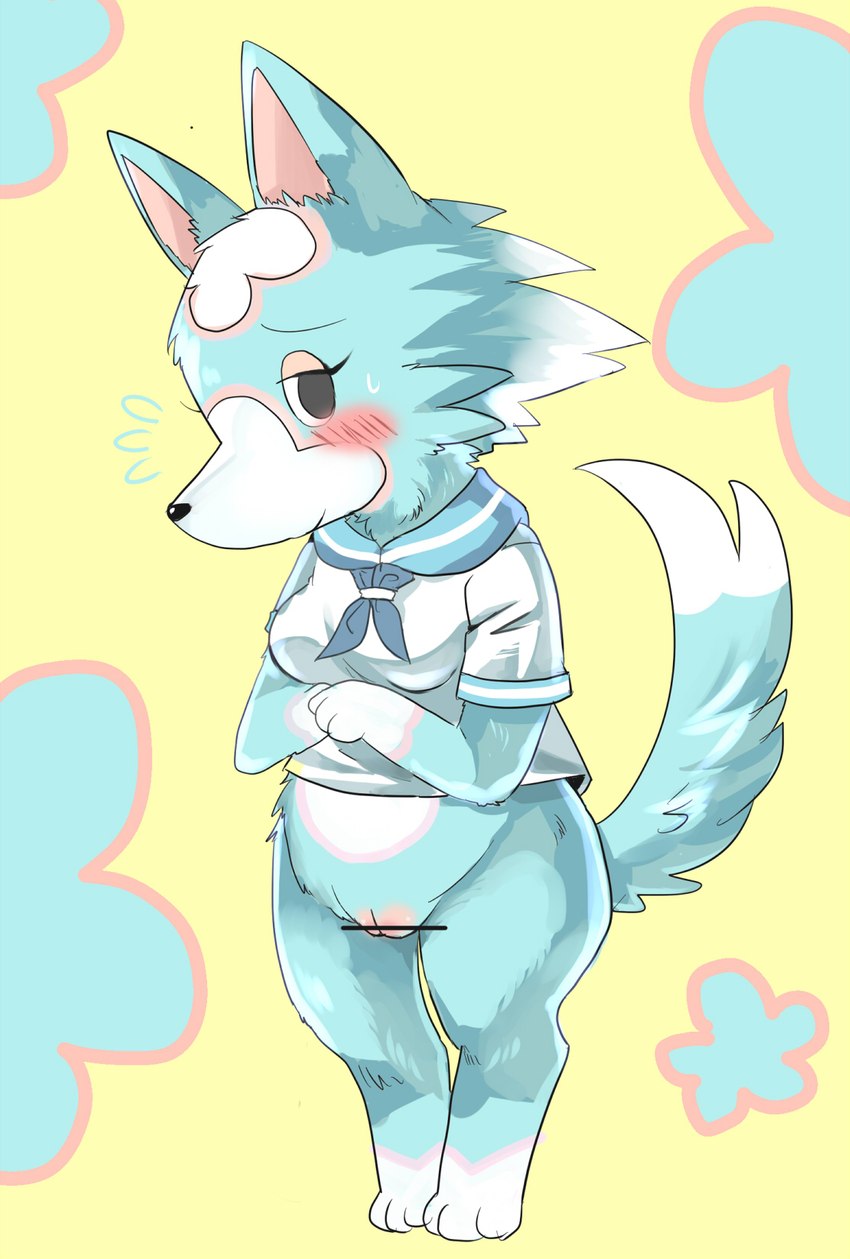 anthro blush bottomless censor_bar clothed clothing digitigrade female floral_background genitals ineffective_censorship looking_at_viewer pussy shirt simple_background smile solo topwear fushiana_ai animal_crossing nintendo skye_(animal_crossing) canid canine canis mammal wolf censored hi_res