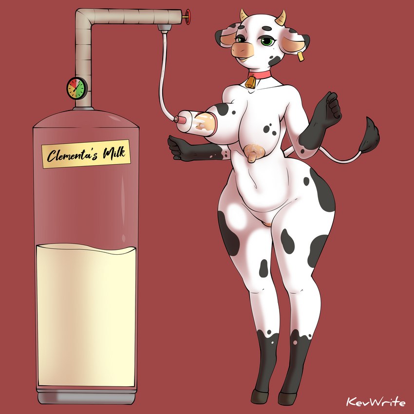 anthro areola bell big_breasts bodily_fluids breast_milking breasts collar collection_tank curvy_figure female green_eyes lactating machine milk milking_machine nipples raised_tail solo stain tail tail_tuft tan_areola tan_nipples text thick_thighs tuft wide_hips kevwrite clementa bovid bovine cattle mammal 1:1 absurd_res english_text hi_res