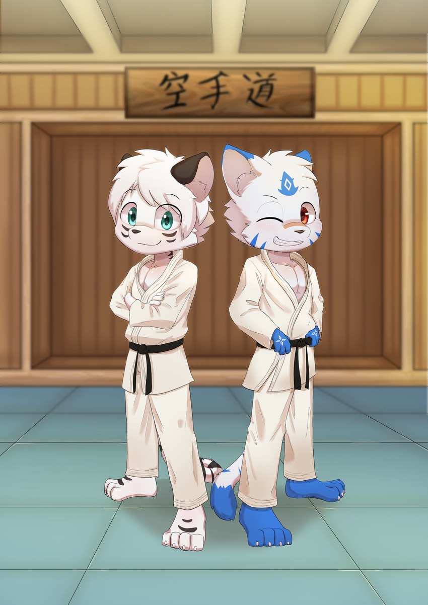 anthro athletic athletic_male belt black_belt crossed_arms dojo duo keikogi male martial_arts_uniform muscular muscular_young one_eye_closed pecs sportswear tail wink young sharparadise felid mammal pantherine tiger absurd_res hi_res