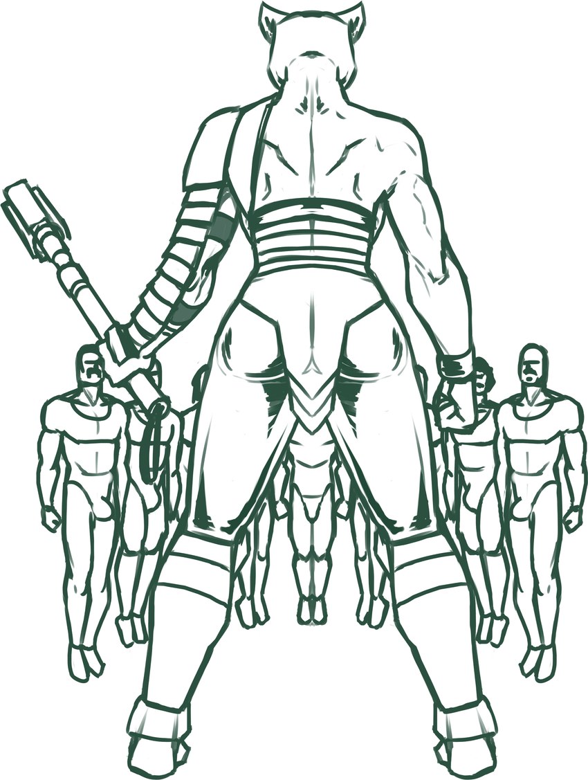 anthro anthro_focus armor back_muscles bald bare_back bare_shoulders big_bulge biped bottomwear bulge butt clothed clothing club_(weapon) cuffs_(clothing) erection erection_under_clothing exposed_back extended_arms faceless_anthro faceless_character faceless_female faceless_human faceless_male facial_hair female female_focus fingers fist fully_clothed greaves group hair holding_club holding_melee_weapon holding_object holding_weapon humanoid_hands imminent_gangbang imminent_sex legs_together levitation loincloth male melee_weapon muscular muscular_anthro muscular_female mustache pants pauldron rear_view short_hair skinsuit solo_focus standing straight_legs tailless tight_bottomwear tight_clothing tight_pants weapon wide_stance redout image_comics invincible_(image_comics) thokk's_daughter alien felid human lion mammal pantherine viltrumite 2023 absurd_res digital_media_(artwork) full-length_portrait hi_res monochrome portrait