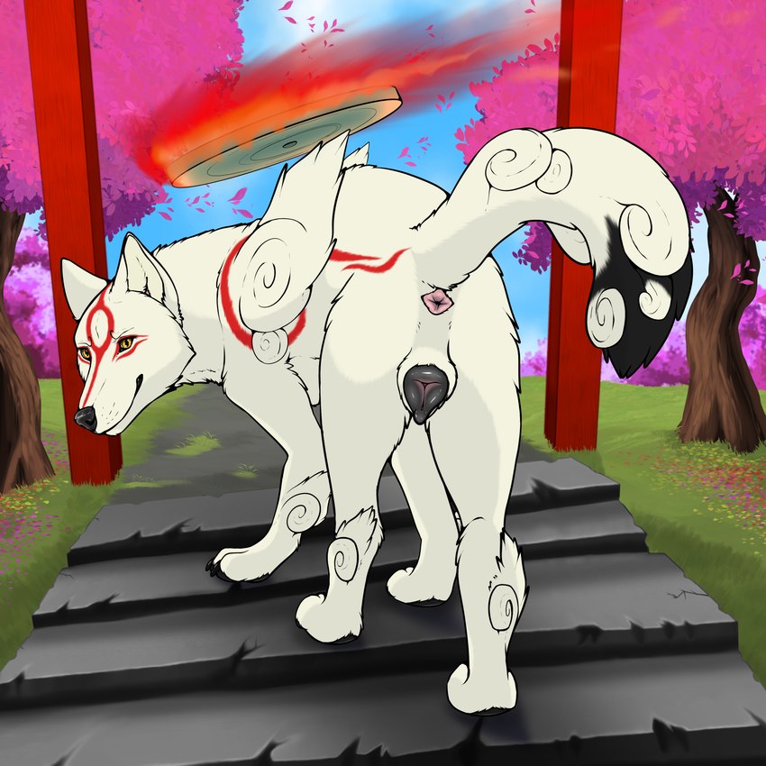 animal_genitalia animal_pussy anus archway butt canine_genitalia canine_pussy female feral fire forest fur genitals grass looking_at_viewer orange_eyes plant presenting presenting_hindquarters pussy quadruped solo stairs tail tree white_body white_fur mechanical_monster_factory capcom okami_(capcom) amaterasu_(okami) canid canine canis mammal wolf 1:1 2025 absurd_res digital_media_(artwork) hi_res shaded