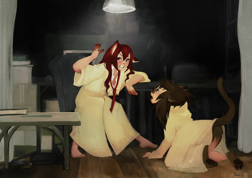 all_fours anus barefoot blue_eyes blush breasts brown_hair chair clenched_teeth computer_monitor detailed_background duo feet female furniture hair inside lamp necktie open_mouth pawpads red_hair shrinking size_transformation table teeth transformation nakitacat steins;gate hiyajo_maho makise_kurisu animal_humanoid cat_humanoid felid felid_humanoid feline feline_humanoid humanoid mammal mammal_humanoid 2019